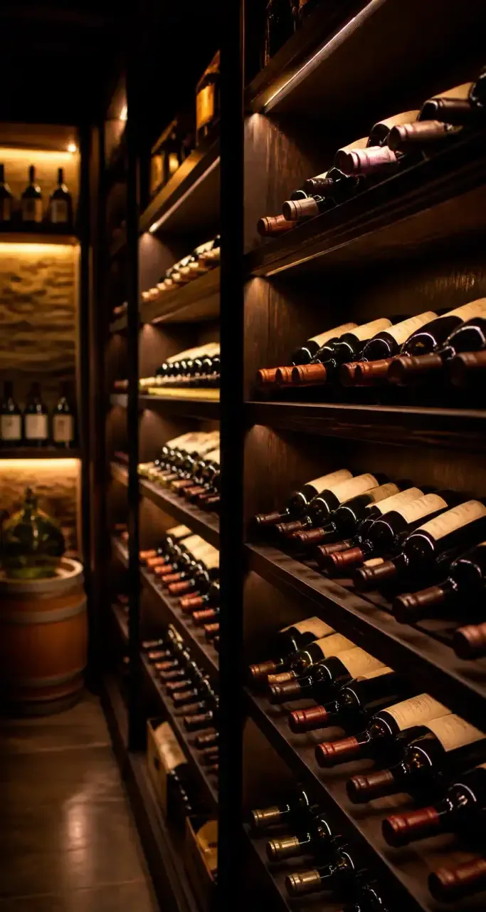 Cave &agrave; vin priv&eacute;e avec bouteilles rang&eacute;es sur des clayettes en bois