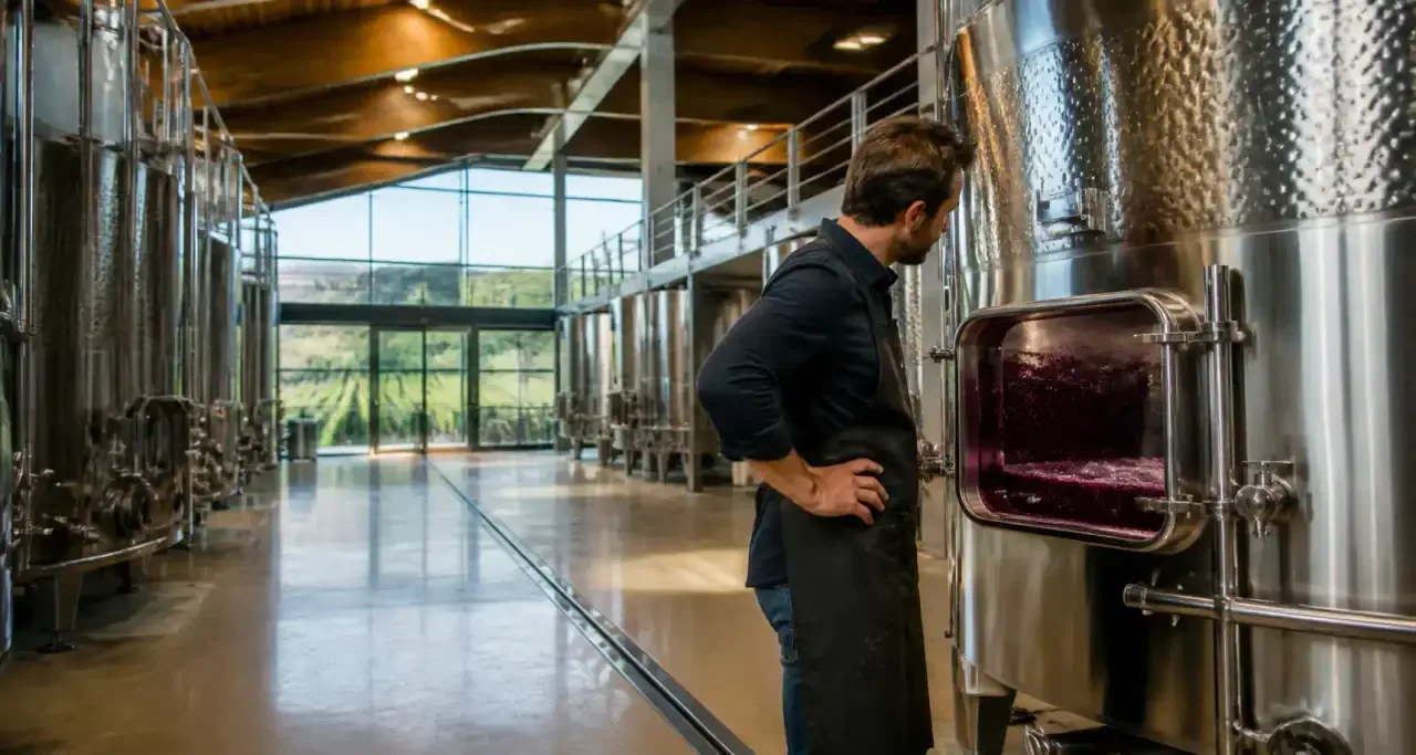 Ma&icirc;tre de chai au travail dans un chai de vinification aux cuves inox