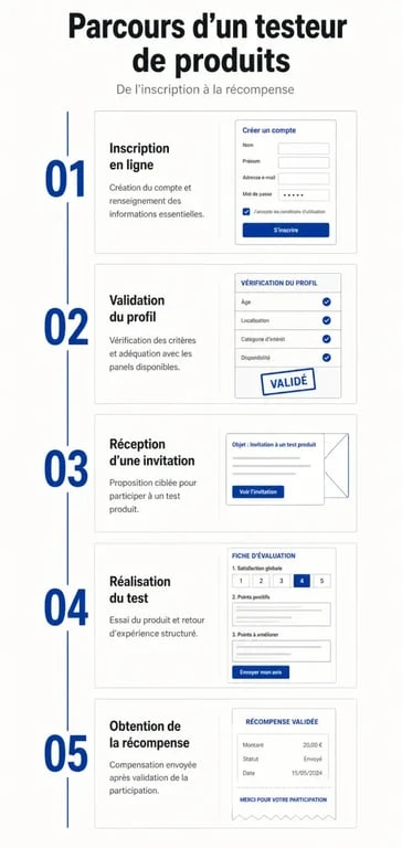Infographie des étapes pour devenir testeur sur le portail Amongoo et participer aux études sensorielles Axens