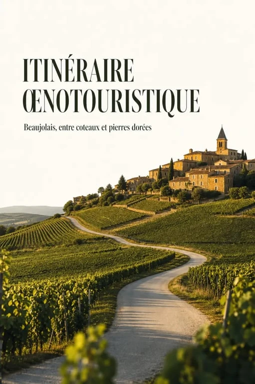 Route des vins beaujolais entre vignobles vallonnés et village en pierres dorées