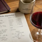 Fiche de dégustation vin sur table : verre vin rouge et fiche