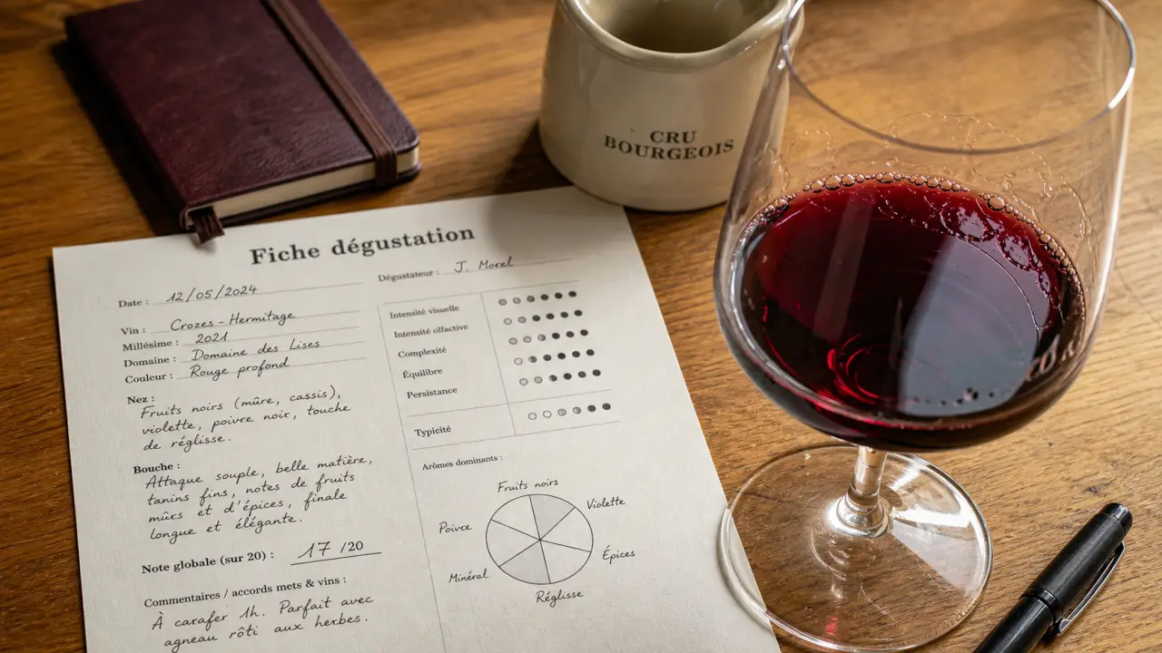 Fiche de dégustation vin sur table : verre vin rouge et fiche