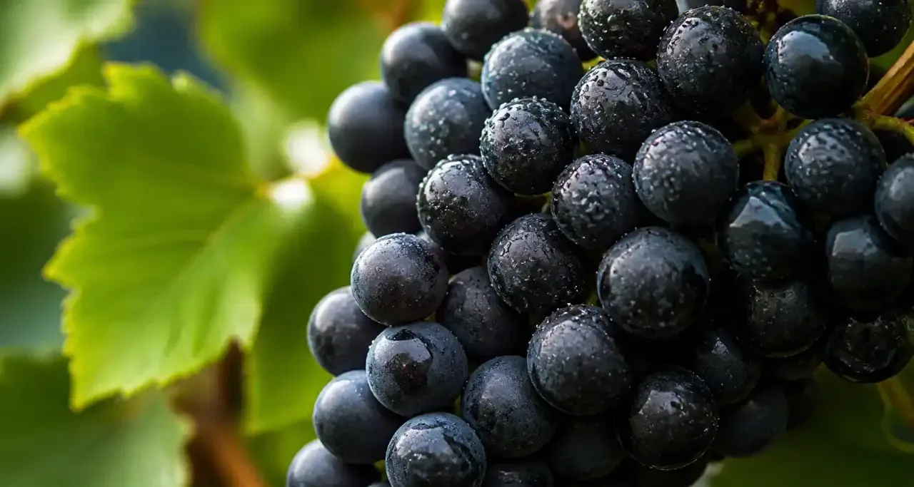 Grappe de raisin noir couverte de ros&eacute;e en gros plan dans un vignoble