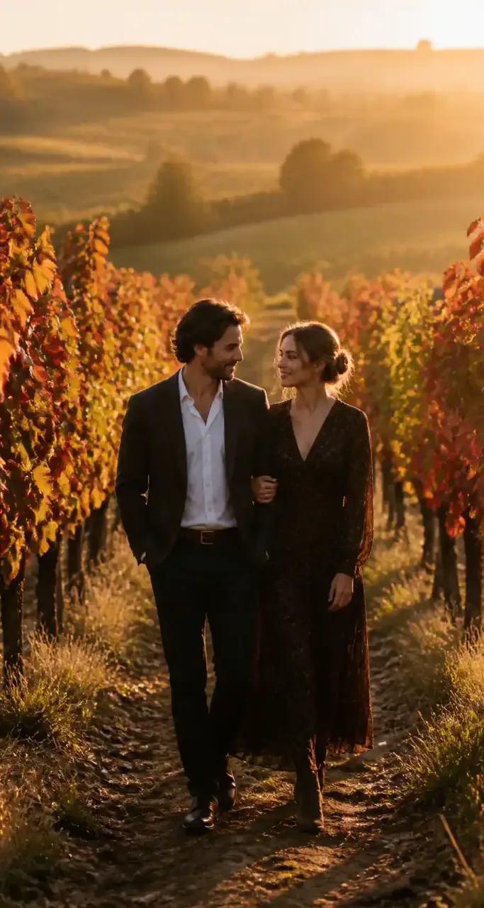Couple en promenade dans les vignes en automne