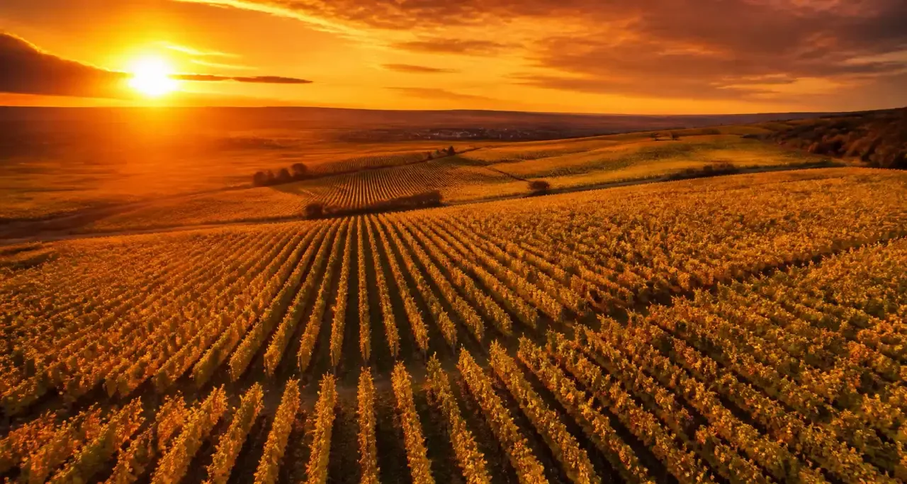 Vignoble de Bourgogne au coucher du soleil le long de la route des vins