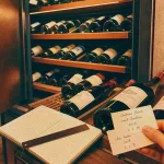 cave à vin 150 bouteilles, clayettes bois et bouteilles visibles