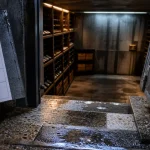 Photo cave à vin enterrée : escalier et casiers à bouteilles, humidité maîtrisée