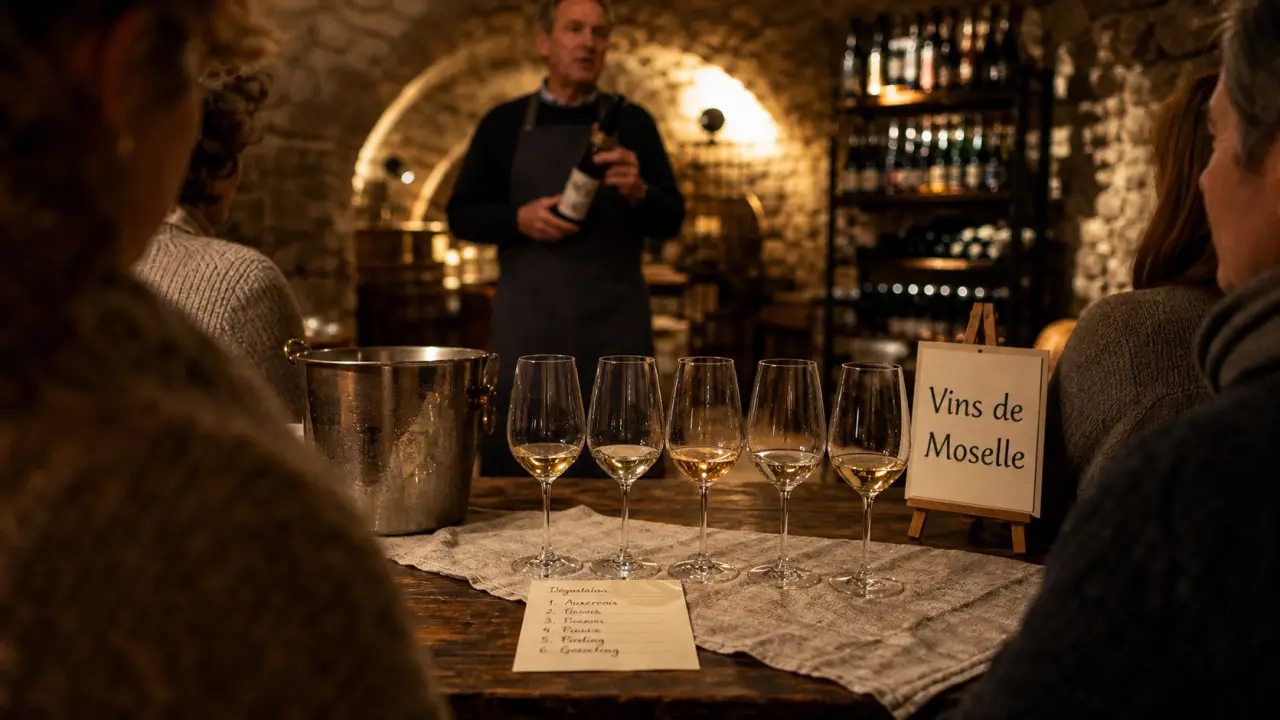 Dégustation de vin Metz : verres et carte de dégustation devant un vigneron