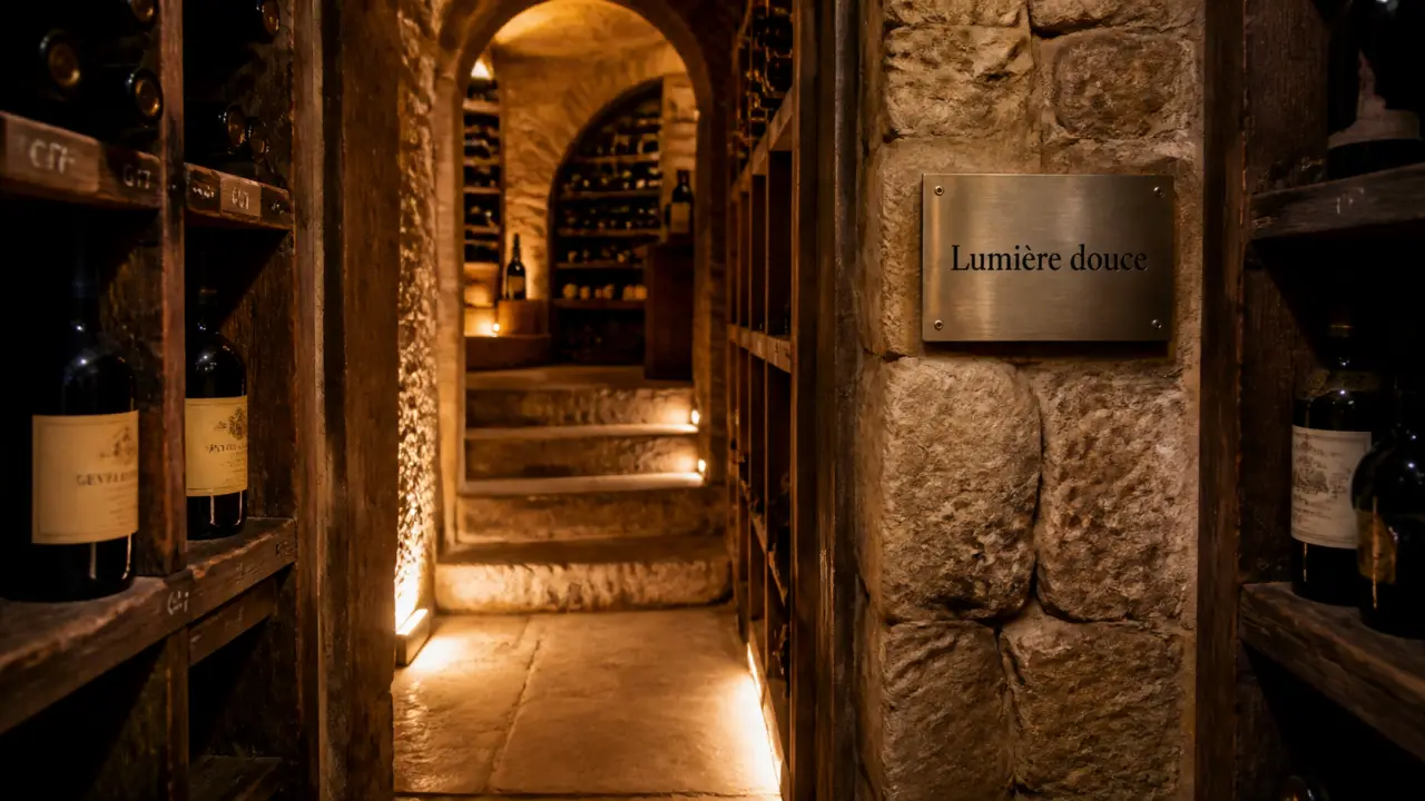 Éclairage cave à vin, lumière douce sur sol et casiers, sans reflets