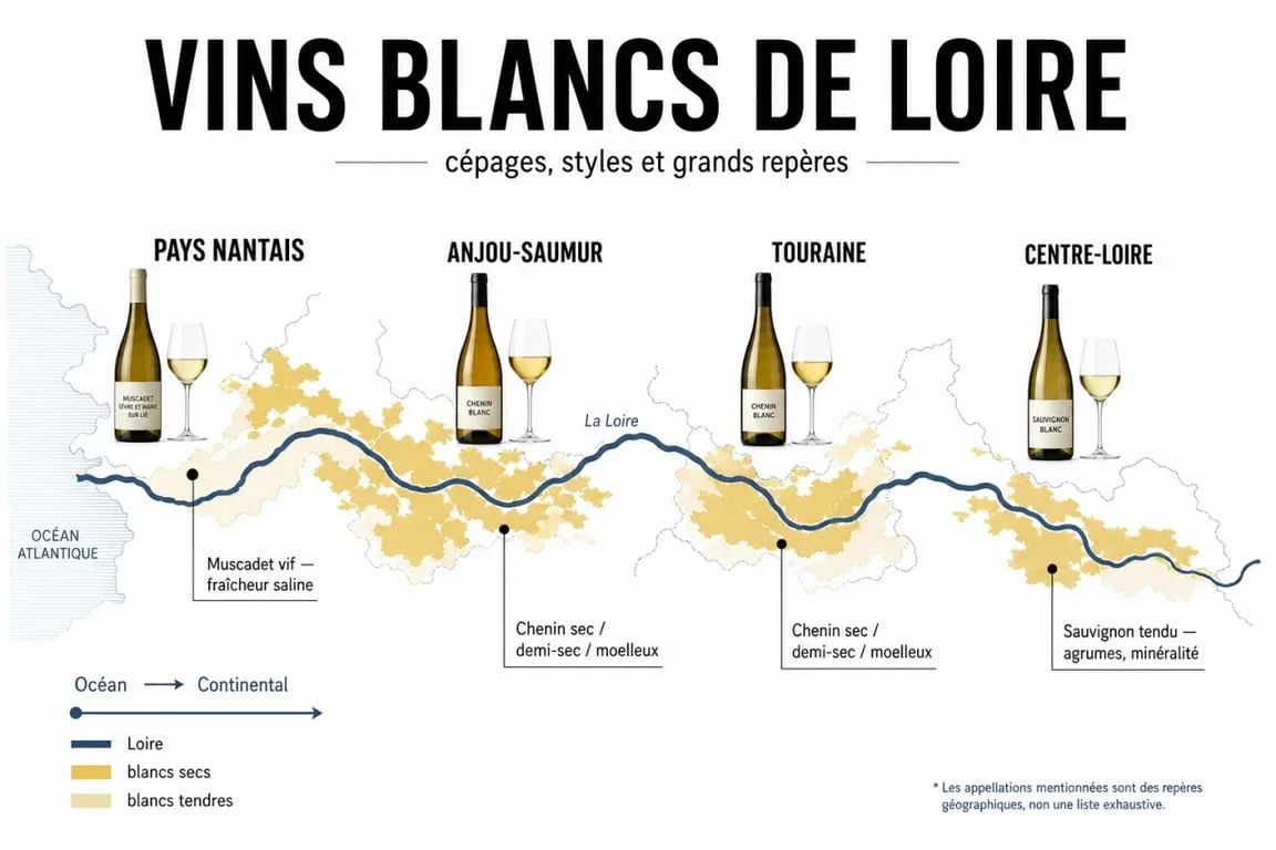 Carte éditoriale du vin blanc de Loire avec les principales zones et styles