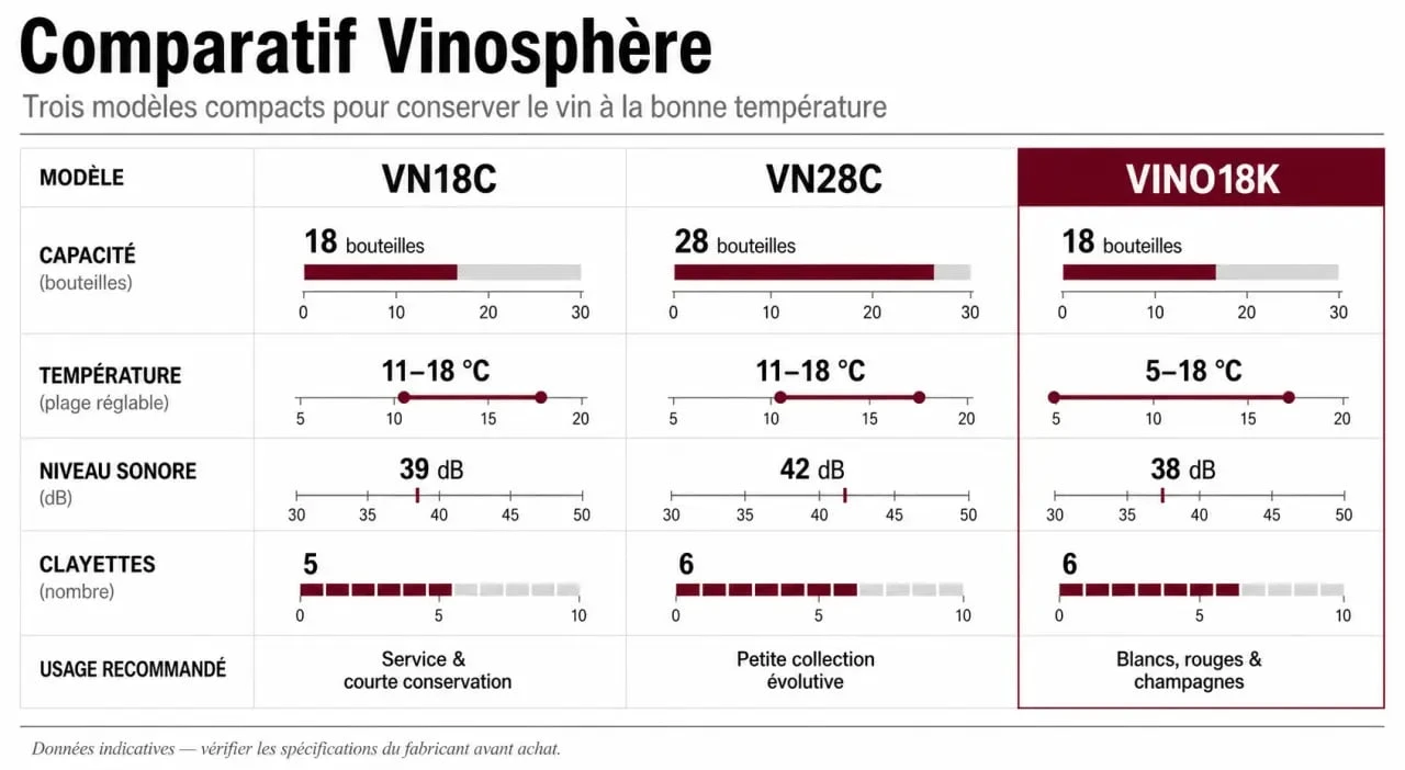 Comparaison de la cave à vin Vinosphère VN18C, VN28C et VINO18K avec capacités et usages