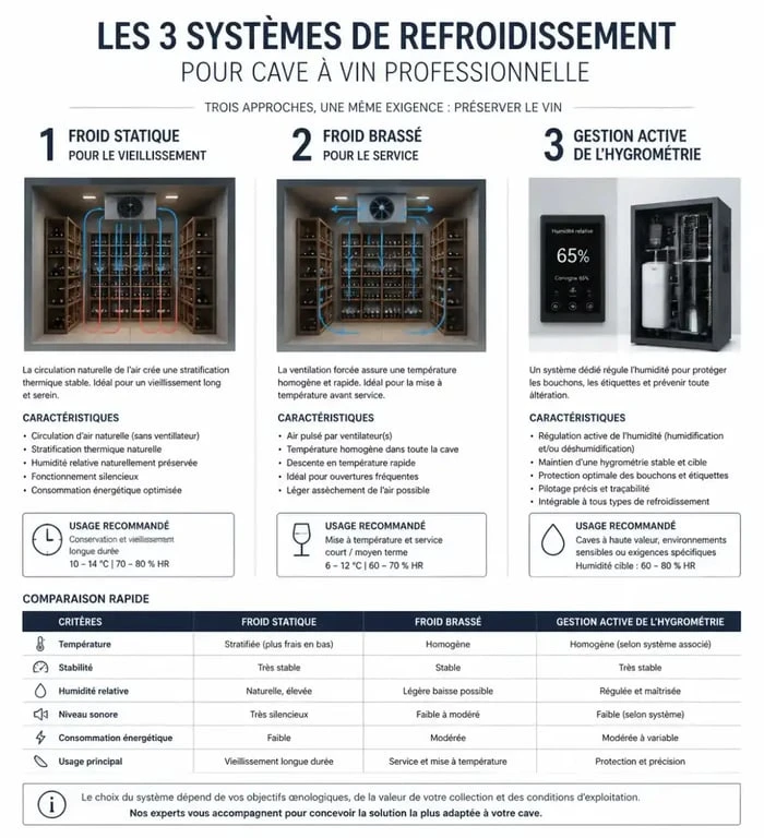 Schéma comparatif des technologies de refroidissement pour cave à vin professionnelle