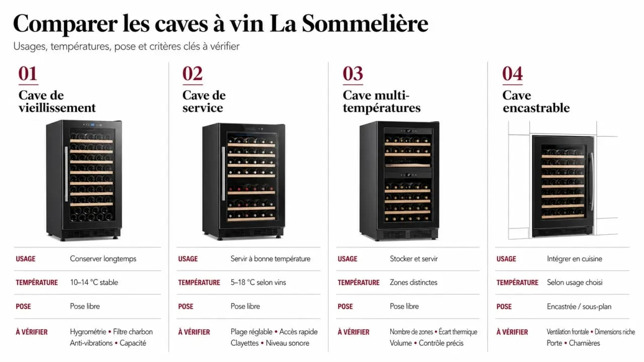 Cave à vin la sommeliere : comparatif visuel des types de caves selon l’usage, la pose et les réglages