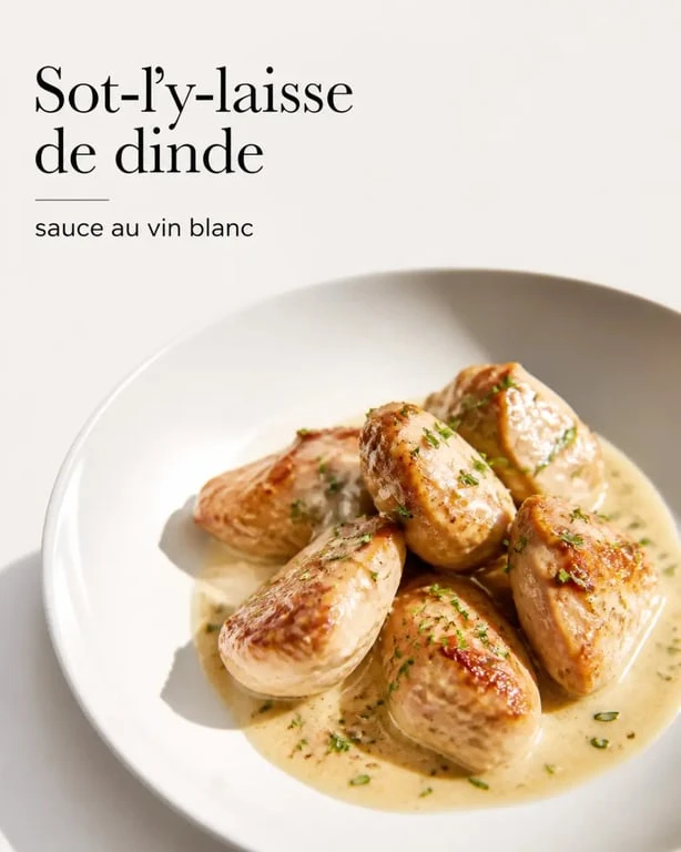 Sot l y laisse de dinde au vin blanc servi en assiette blanche avec sauce crémeuse