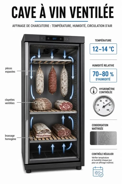 Cave à vin ventilé pour charcuterie : schéma des bons réglages de température, d’hygrométrie et de ventilation
