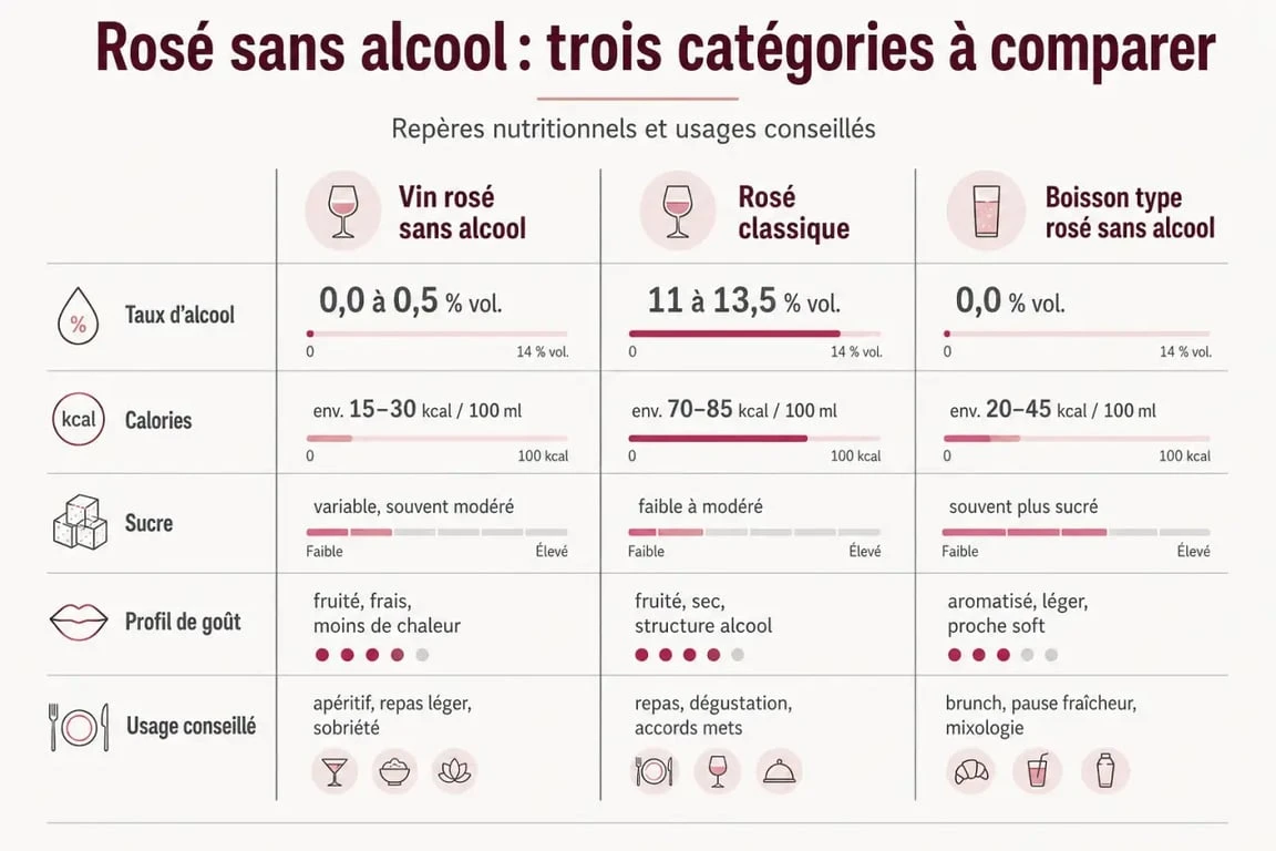 Infographie comparative du vin rosé sans alcool avec rosé classique et boisson type rosé sans alcool