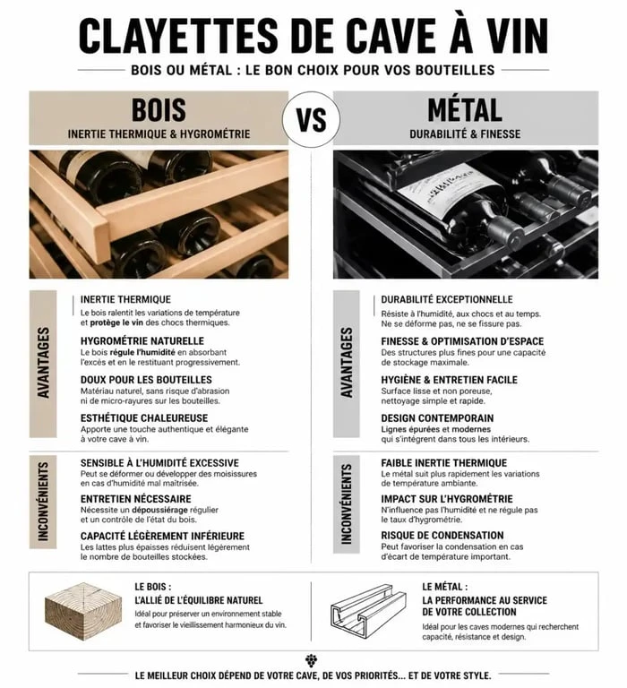 Comparatif des clayettes pour cave à vin : bois ou métal pour une conservation optimale