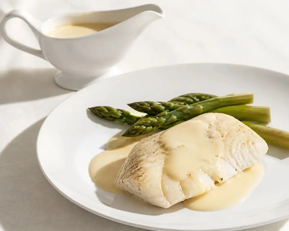 Sauces au vin blanc crémeuses servies en saucière avec filet de poisson et asperges