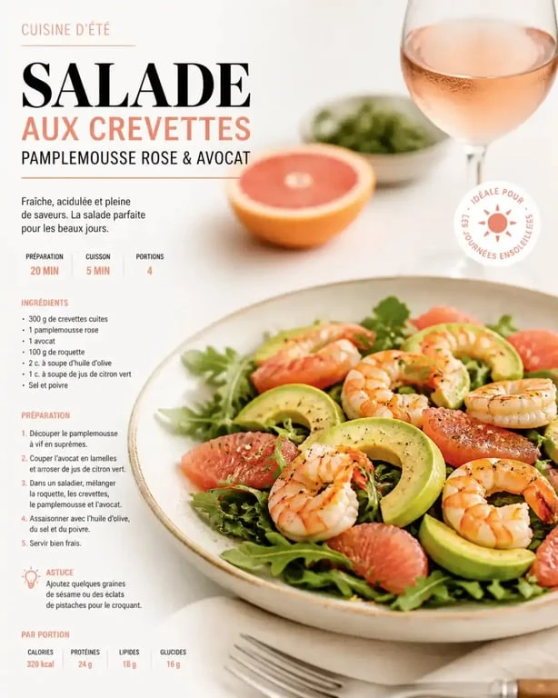 Salade estivale aux crevettes et pamplemousse pour accompagner le vin rosé Bleu de Mer