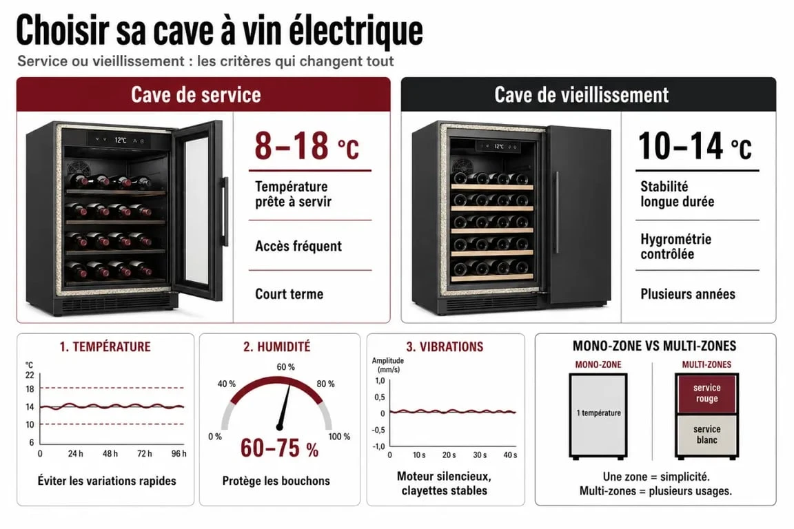 Cave à vin électrique : comparaison entre cave de service et cave de vieillissement avec les critères température, humidité et vibrations