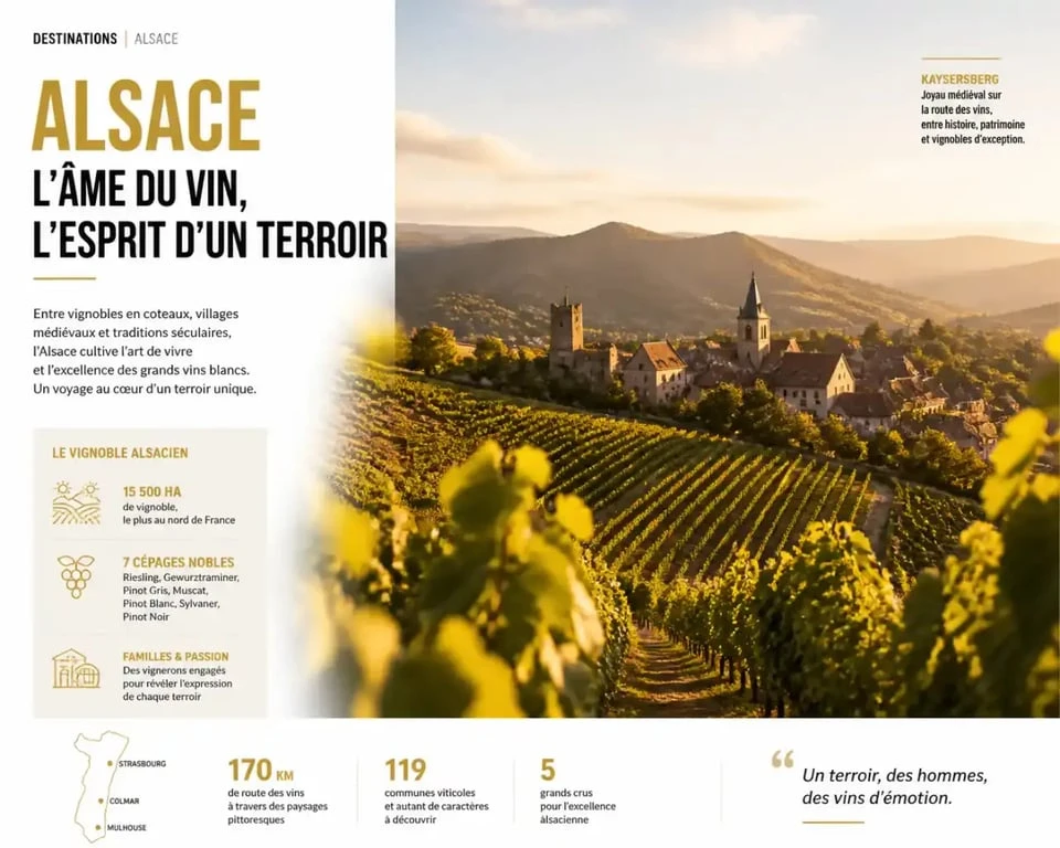Sentier viticole des Grands Crus en Alsace avec vue sur un village médiéval