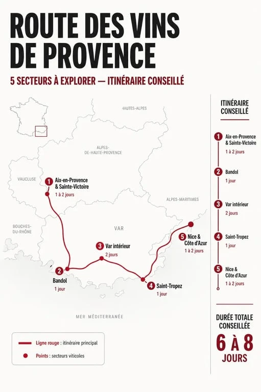 Comparatif visuel de la route des vins provence par secteurs et durées