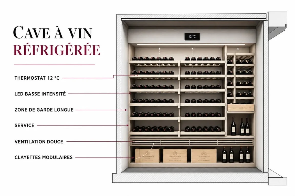 Fabriquer une cave à vin réfrigérée : aménagement intérieur avec clayettes, LED et organisation des bouteilles