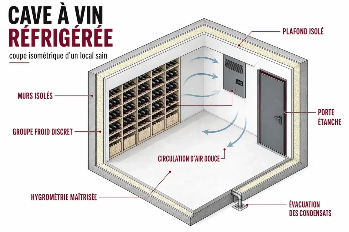 Fabriquer une cave à vin réfrigérée : coupe d'une installation avec isolation, porte étanche et groupe froid