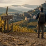 Grands crus sentier viticole : sentier entre vignes, panneau “Sentier des Grands Crus”