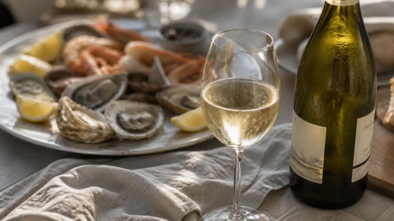 Horgelus vin blanc sec Colombard-Sauvignon, verre et fruits de mer