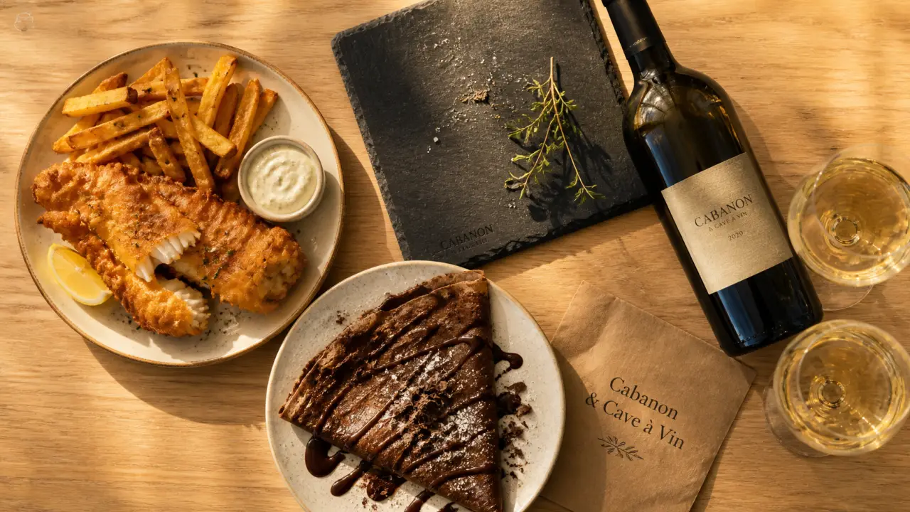 Le cabanon et sa cave à vin à Lacanau : table avec assiette et bouteille