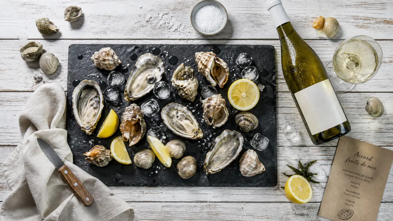 Vin blanc pour fruits de mer, verre et bouteille, huîtres et citron