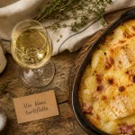 Vin blanc tartiflette : bouteille Savoie et verre à table de montagne