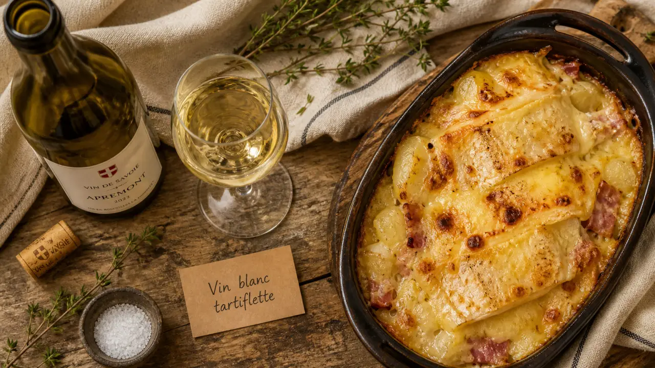 Vin blanc tartiflette : bouteille Savoie et verre à table de montagne