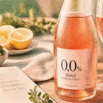 Vin rosé sans alcool 0,0% : bouteille et verres sur table