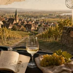 Alsace route des vins : voiture au bord des vignes et verre de vin blanc