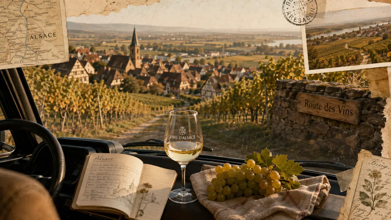 Alsace route des vins : voiture au bord des vignes et verre de vin blanc