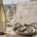 Chablis vin blanc : bouteille et verre sur table, huîtres, minéralité