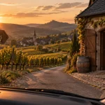 Colmar route des vins : vignes et caveau alsacien au coucher du soleil