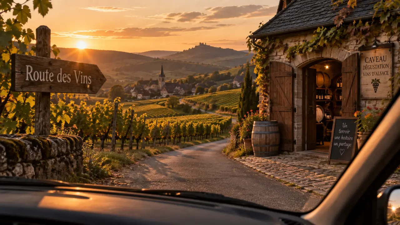 Colmar route des vins : vignes et caveau alsacien au coucher du soleil