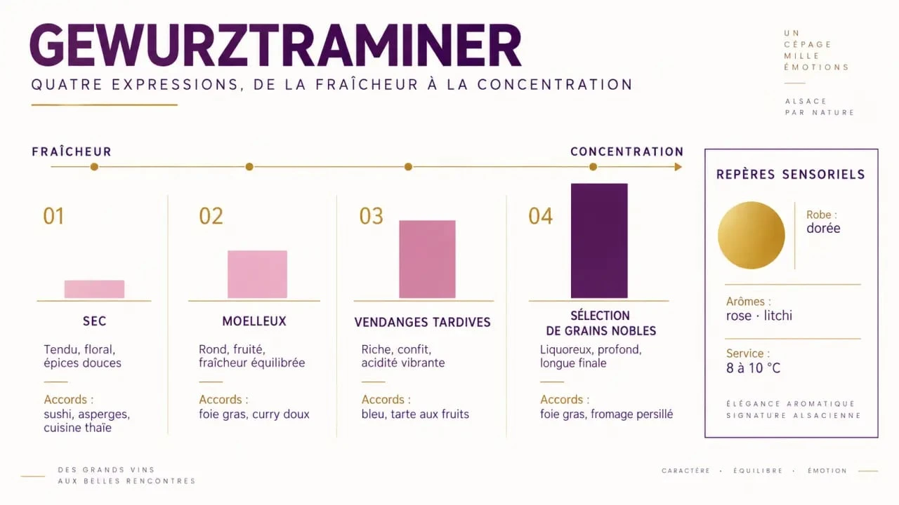Infographie sur le vin blanc Gewurztraminer, ses styles, ses arômes et sa température de service