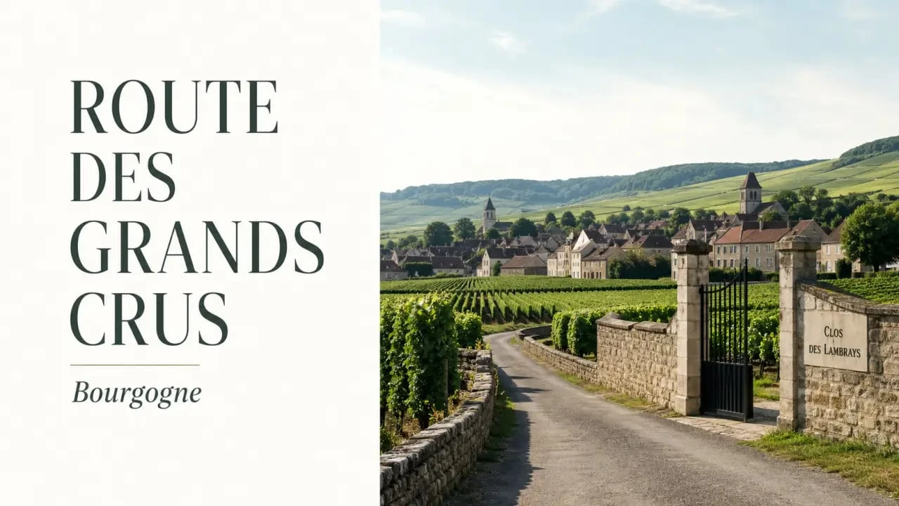 Route des grands crus en Bourgogne avec vignes, murets de pierre et village viticole