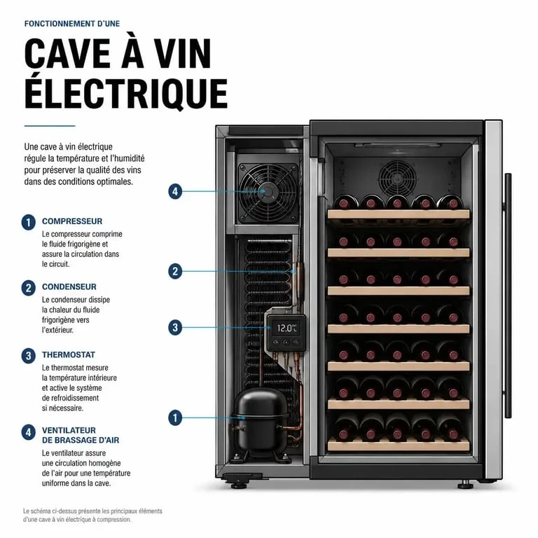 Schéma des composants clés lors d'une réparation cave à vin : compresseur, thermostat et ventilateur