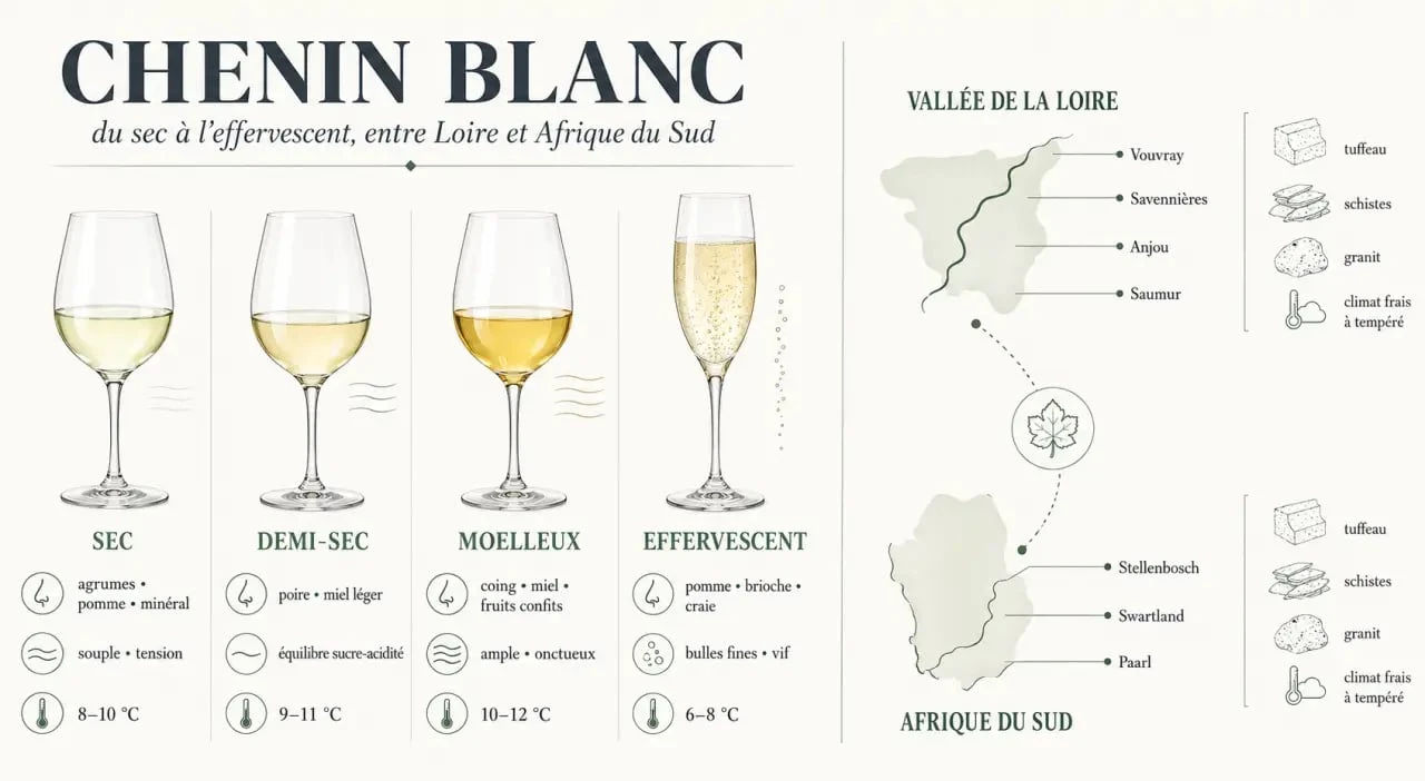 Chenin blanc vin : comparaison visuelle des styles sec, demi-sec, moelleux et effervescent avec repères de service et d’accords