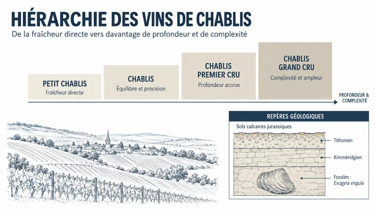 Schéma de la hiérarchie du Chablis vin blanc et de son terroir calcaire