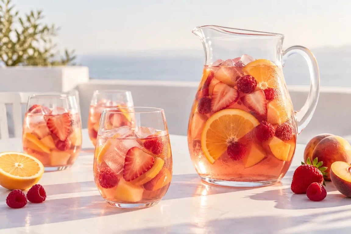 Sangria rosée avec fruits frais dans un pichet pour l'apéritif d'été