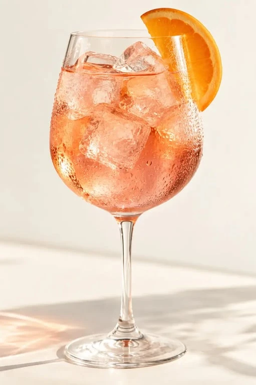 Cocktail vin rosé façon spritz avec glaçons et tranche d'orange