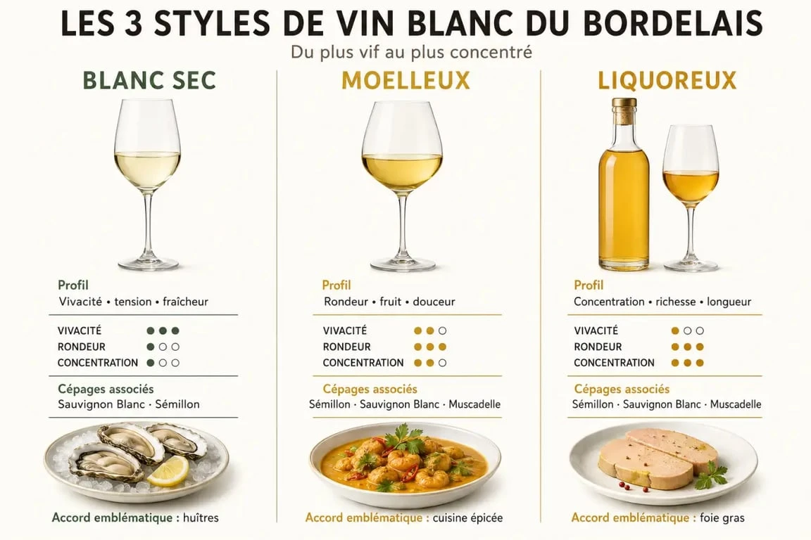 Infographie des trois styles de vin blanc du Bordelais : sec, moelleux et liquoreux