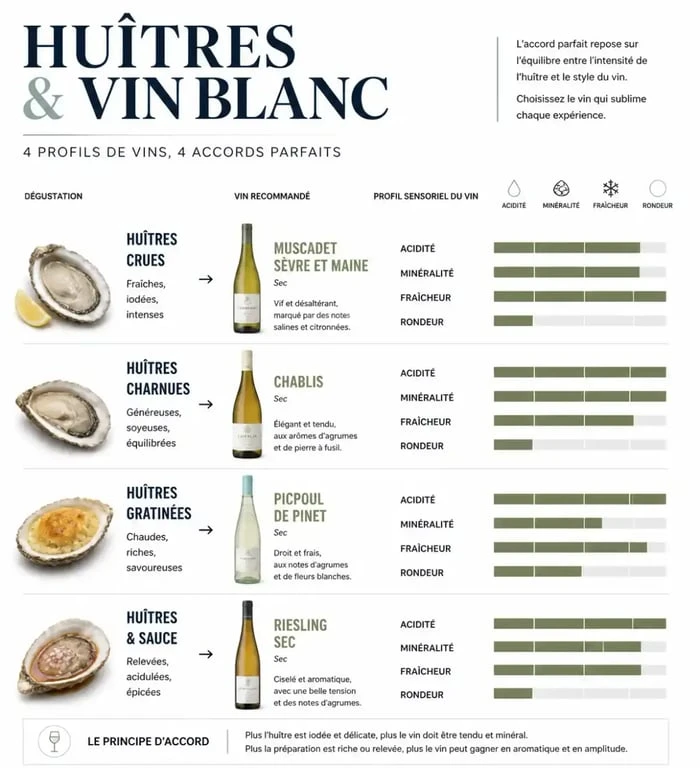Infographie accord huitres vin blanc selon le type de préparation