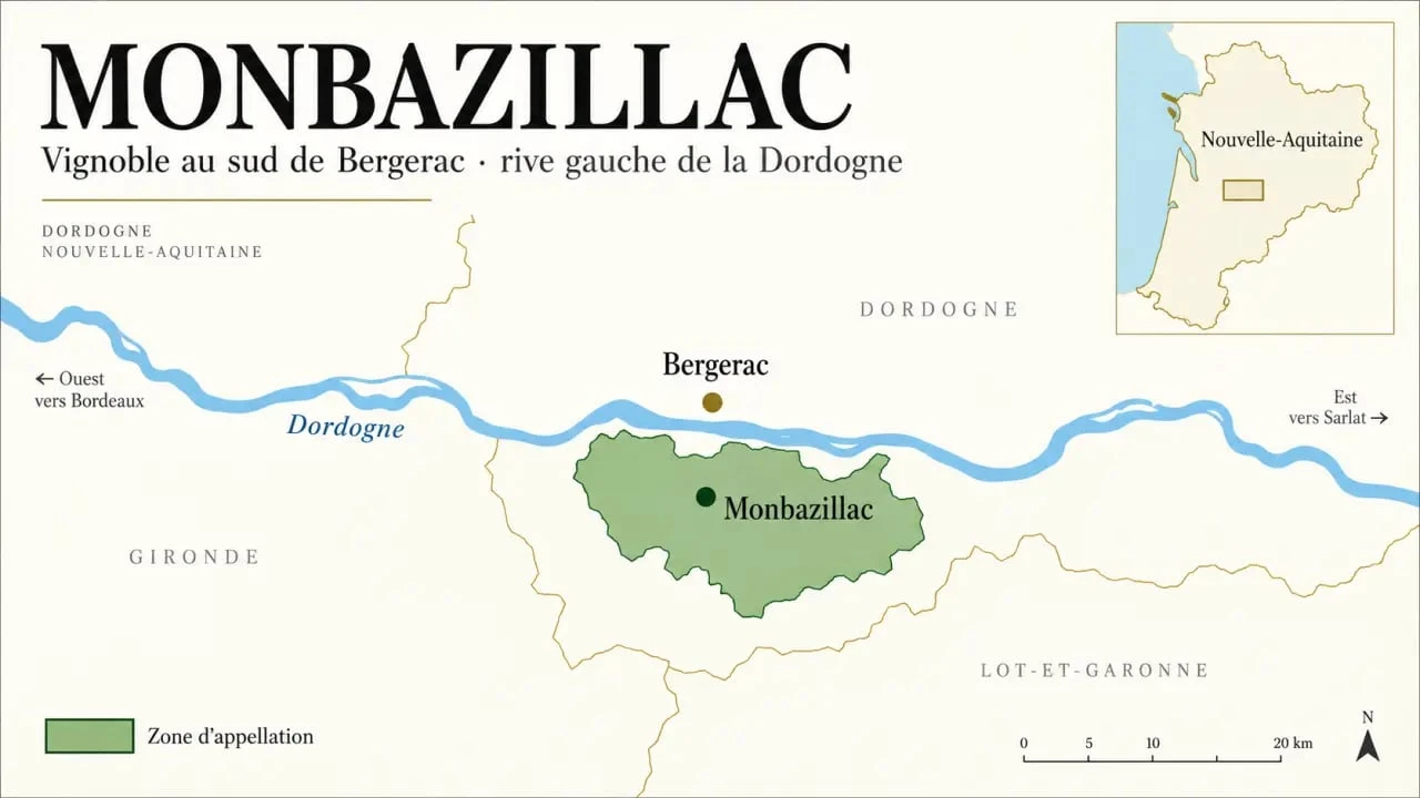 Carte du terroir du Monbazillac vin blanc au sud de Bergerac